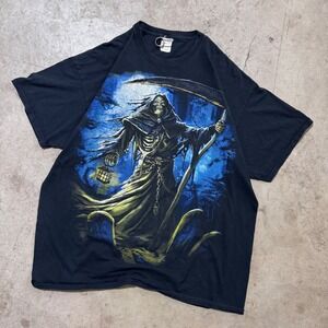 Vintage Y2K Jerzees Grim Reaper Skeleton Lantern Grunge Emo Black Size 2XL